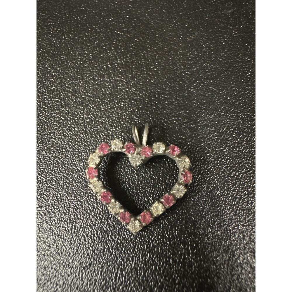 Vintage Heart Shaped Rhinestone Pendant Pink & Clear Stones .75"